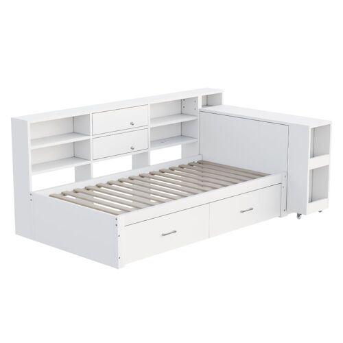Lit multifonction blanc avec tiroirs, étagères et bureau