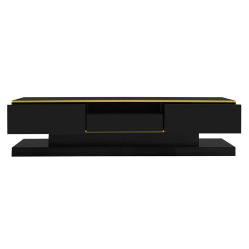 Meuble TV noir laqué éclairage LED et accents dorés