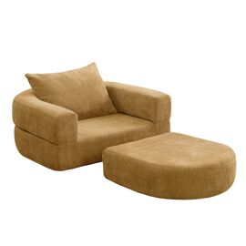 Fauteuil convertible avec pouf, design cocoon en tissu doux Jaune