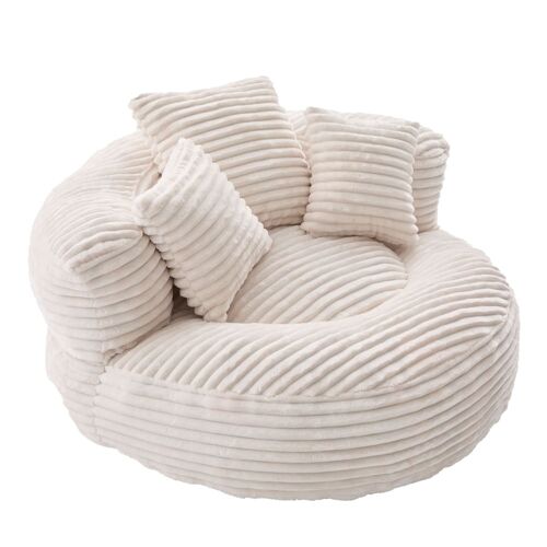 Fauteuil rond en velours côtelé crème avec coussins