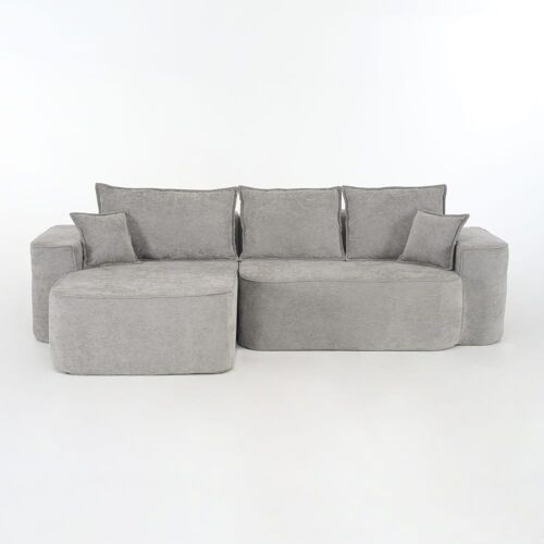 Canapé d'angle modulable en tissu gris avec méridienne, coussins