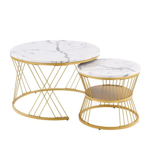 Lot de 2 tables basses gigognes rondes effet marbre blanc