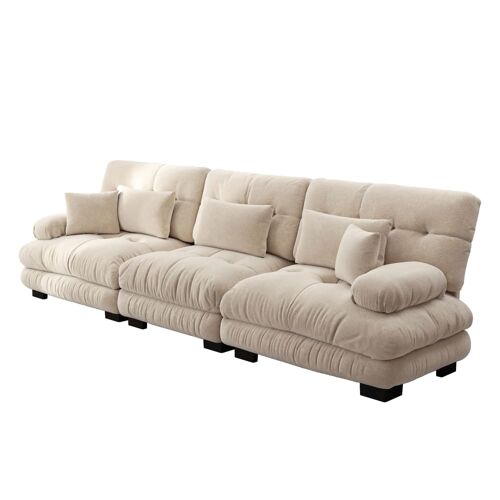 Canapé rembourré modulable 3 places en tissu chenille creme