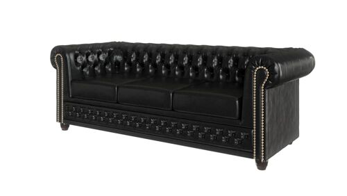 Ensemble de canapés Chesterfield 3+2+1, revêtement en cuir végan, noir