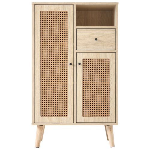 Buffet effet chêne avec 2 portes en tissage rotin et 1 tiroir