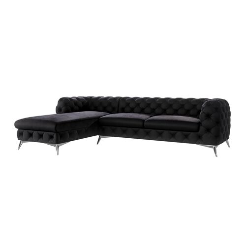 Canapé d'angle Chesterfield en velours, pieds en métal argenté, noir