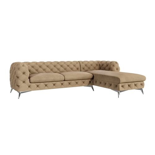 Canapé d'angle Chesterfield en velours, pieds en métal argenté, beige