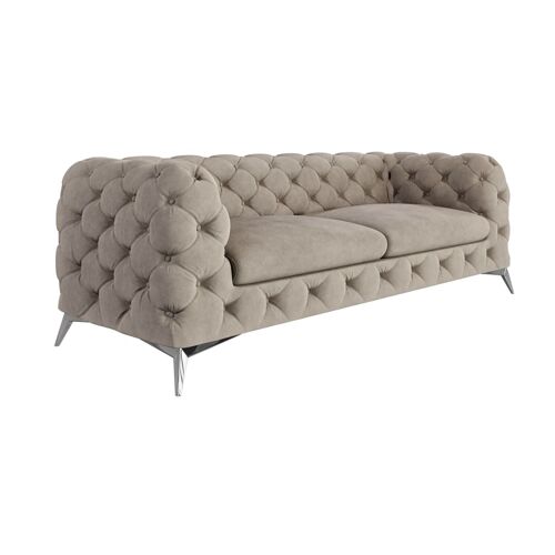Canapé Chesterfield 3 places en velours pieds en métal, crème foncée