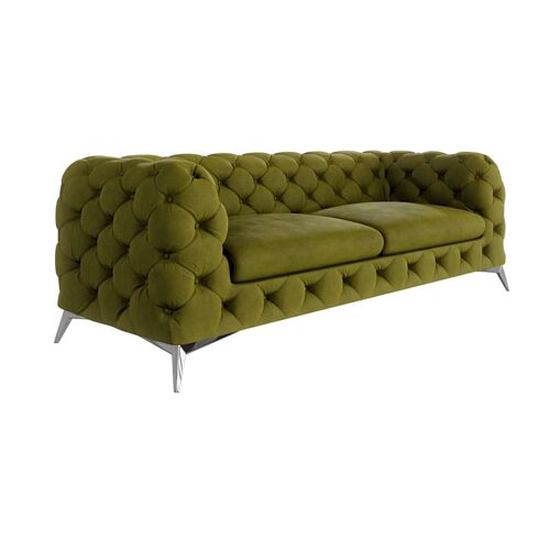 Canapé Chesterfield 3 places en velours avec pieds en métal, olive