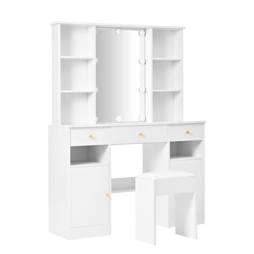 Coiffeuse blanche avec miroir lumineux LED et rangements, 110 cm