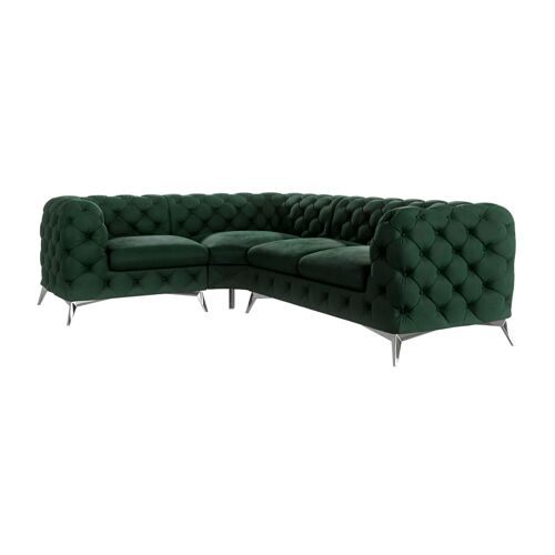 Canapé d'angle Chesterfield en velours, pieds en métal argenté, vert