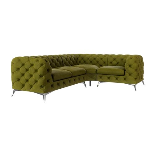 Canapé d'angle Chesterfield en velours, pieds en métal argenté, olive