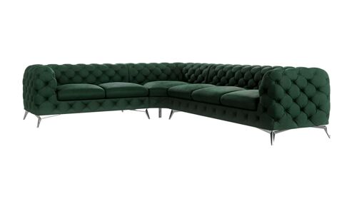 Canapé d'angle Chesterfield en velours, pieds en métal argenté, vert
