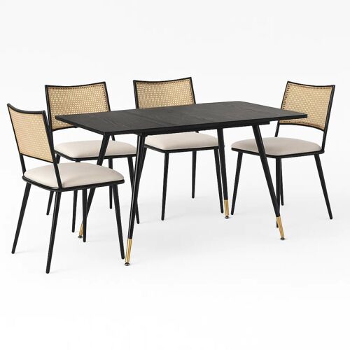 Ensemble table extensible bois noir avec 4 chaises rotin