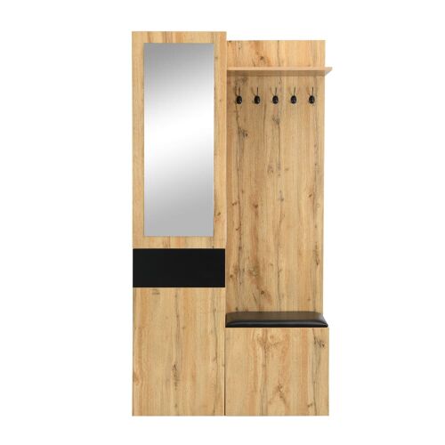 Meuble d'entrée en bois avec miroir, crochets et banc de rangement
