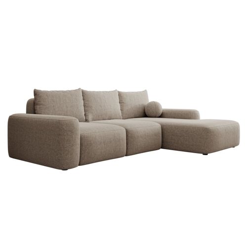 Canapé d'angle en tissu chenille, coussin boule, brun clair, droite