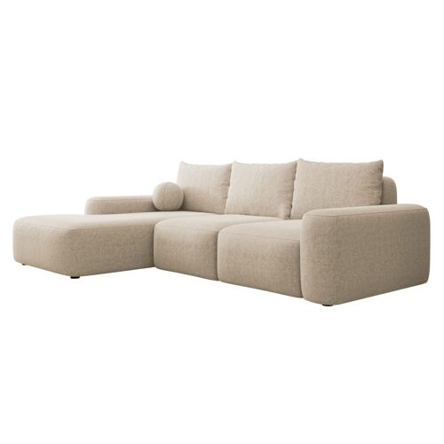 Canapé d'angle en tissu chenille, coussin boule, beige, gauche