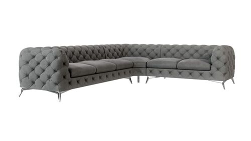 Canapé d'angle Chesterfield en velours, pieds en métal argenté, gris