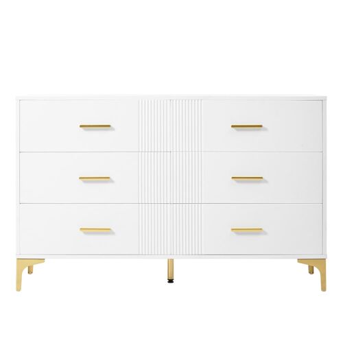 Commode blanche élégante à  6 tiroirs motif ondulé accents dorées