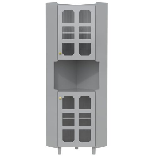 Meuble d'angle gris avec vitrines et éclairage LED