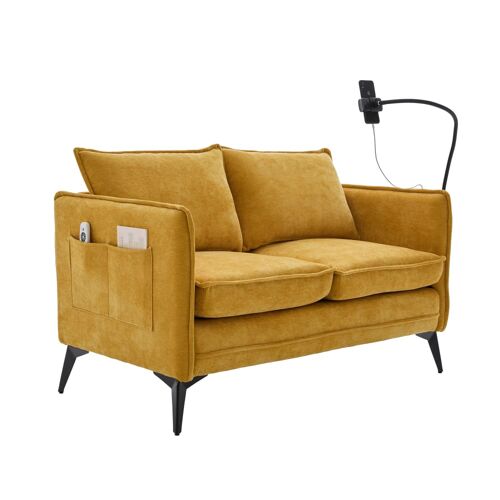 Canapé 2 places en chenille jaune avec poches et support téléphone