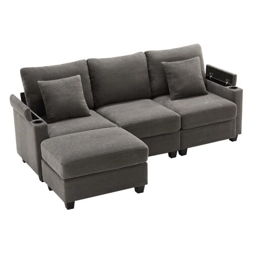 Canapé d'angle modulable velours côtelé gris, 3-4 places
