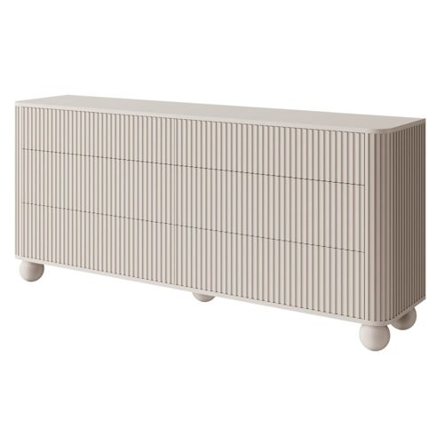 Commode avec 6 tiroirs, striée sur pieds en boule, greige, 168 cm
