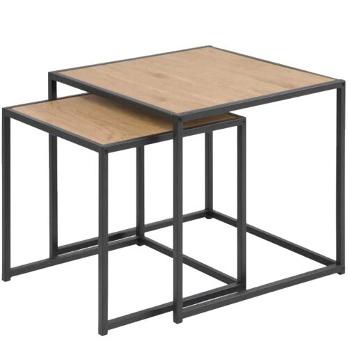 Set de 2 tables basses gigognes effet bois et métal noir 34x34x37cm