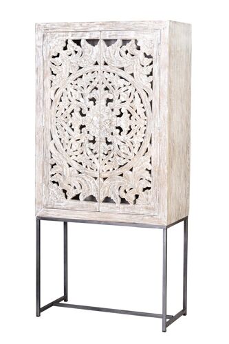 Vitrine en manguier pieds métal blanc et gris vieilli