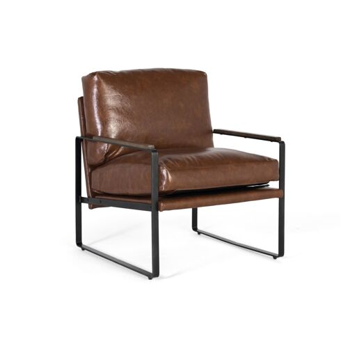Fauteuil industriel en fer noir et simili cuir brun vieilli