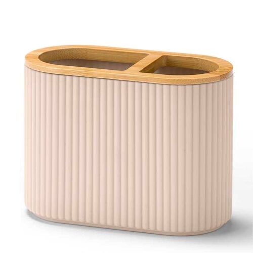 Porte brosse à  dents beige stries et bambou 13x10x6.5cm