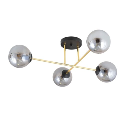 Plafonnier Noir Avec 2 Barres En Métal Doré Et 4 Sphères Grises