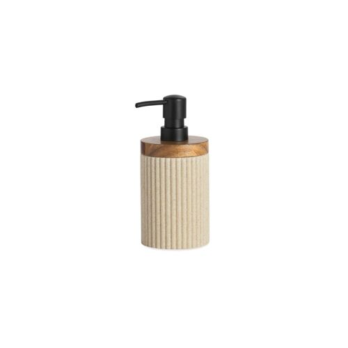 Distributeur de savon polyrésine beige et acacia 8x8x18cm