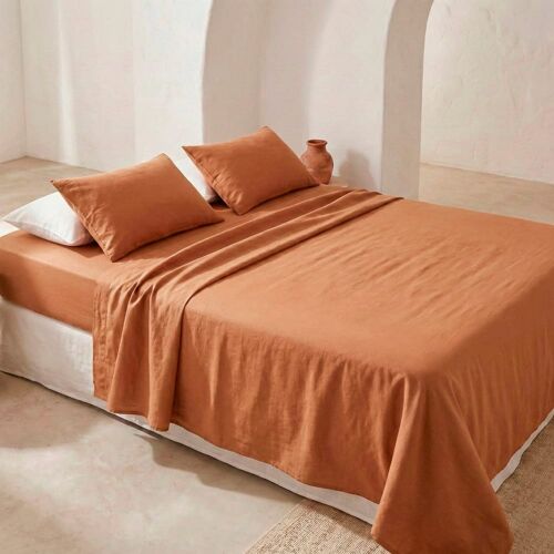 Parure De Draps En 100% Coton Terracotta 200x200 + (2)50x125cm