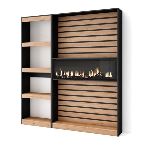 Bibliothèque effet bois de chêne 170x25x186cm cheminée effet feu XXL