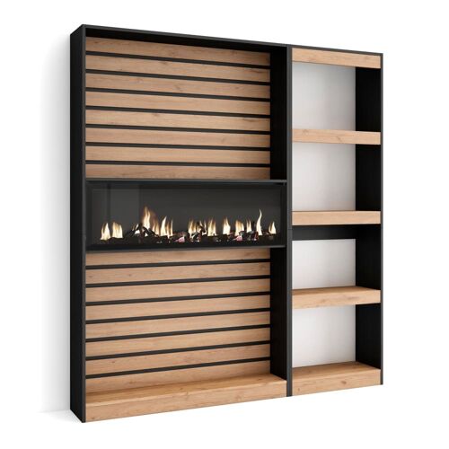 Bibliothèque effet bois de chêne 170x25x186cm cheminée effet feu XXL