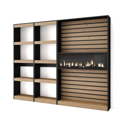 Bibliothèque effet bois de chêne noir 230x25x186cm cheminée effet feu