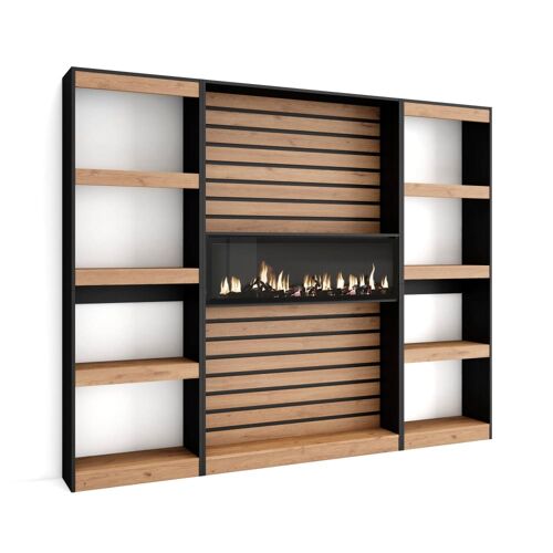 Bibliothèque effet bois de chêne 230x25x186cm cheminée effet feu XXL