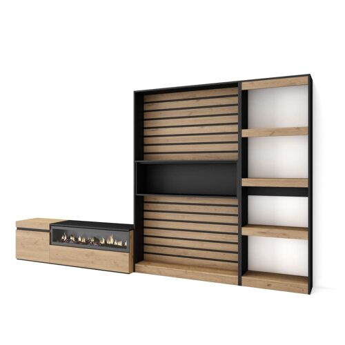 Ensemble TV effet bois de chêne noir 320x35x186cm cheminée effet feu