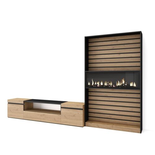 Ensemble TV effet bois de chêne noir 310x35x186cm cheminée effet feu