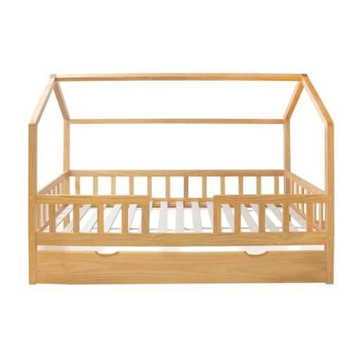 Lit cabane avec barrièrre + lit pieds pliants bois pin 90x190cm