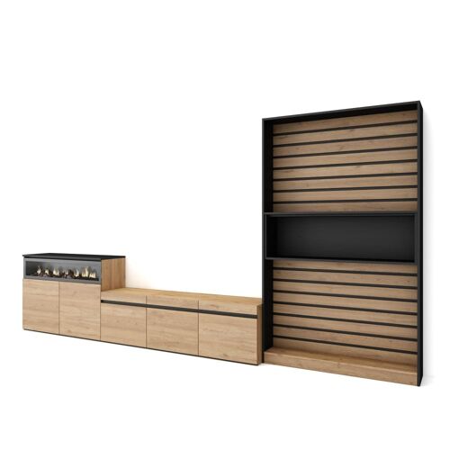 Ensemble TV effet bois de chêne noir 360x35x186cm cheminée effet feu