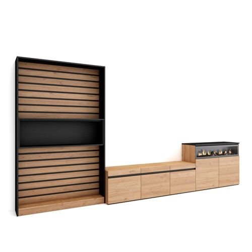 Ensemble TV effet bois de chêne noir 360x35x186cm cheminée effet feu