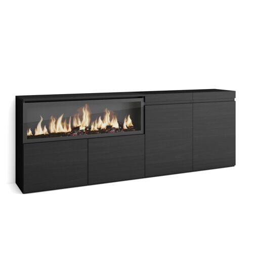 Buffet effet bois noir 208x35x75cm cheminée effet feu XXL
