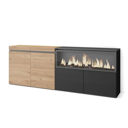 Buffet effet bois de chêne et noir 208x35x75cm cheminée effet feu XXL