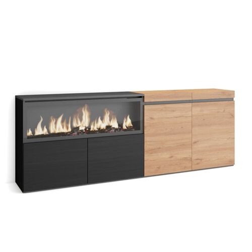 Buffet effet bois chêne et noir 208x35x75cm cheminée effet feu XXL