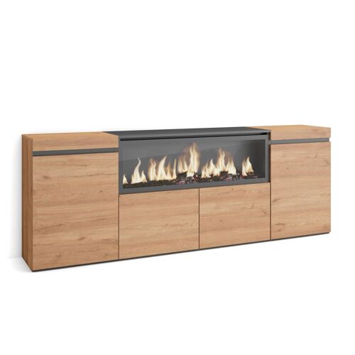 Buffet effet bois de chêne 208x35x75cm cheminée effet feu XXL