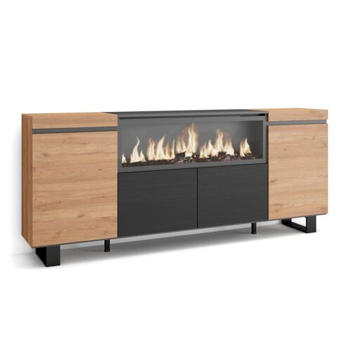 Buffet effet bois de chêne et noir 208x35x87cm cheminée effet feu XXL