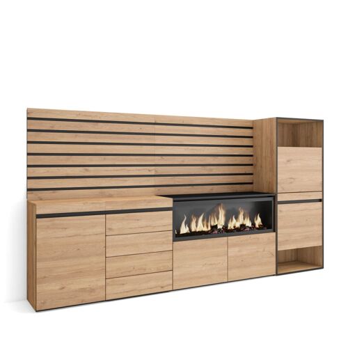 Buffet effet bois de chêne 274x35x145cm cheminée effet feu XXL
