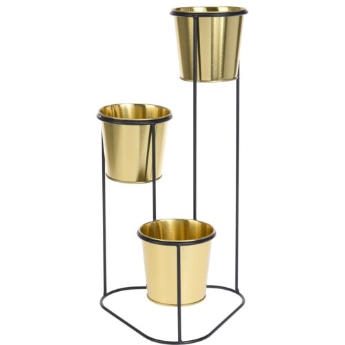 Cache-Pot Métal Noir Et 3 Pots Dorés